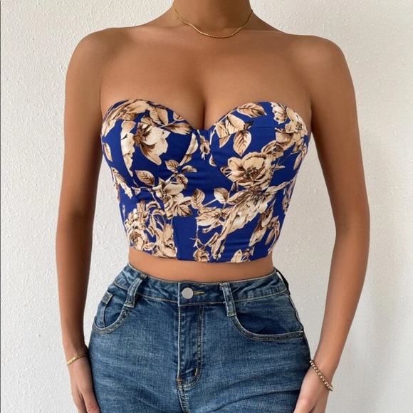 Boho cream floral print lace up back satin bustier corset tube top - Picture 12 of 16